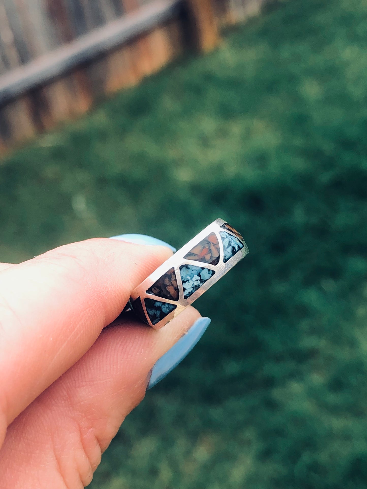 Old Pawn Sterling Silver Eternity Coral and Turquoise Chip Inlay Ring