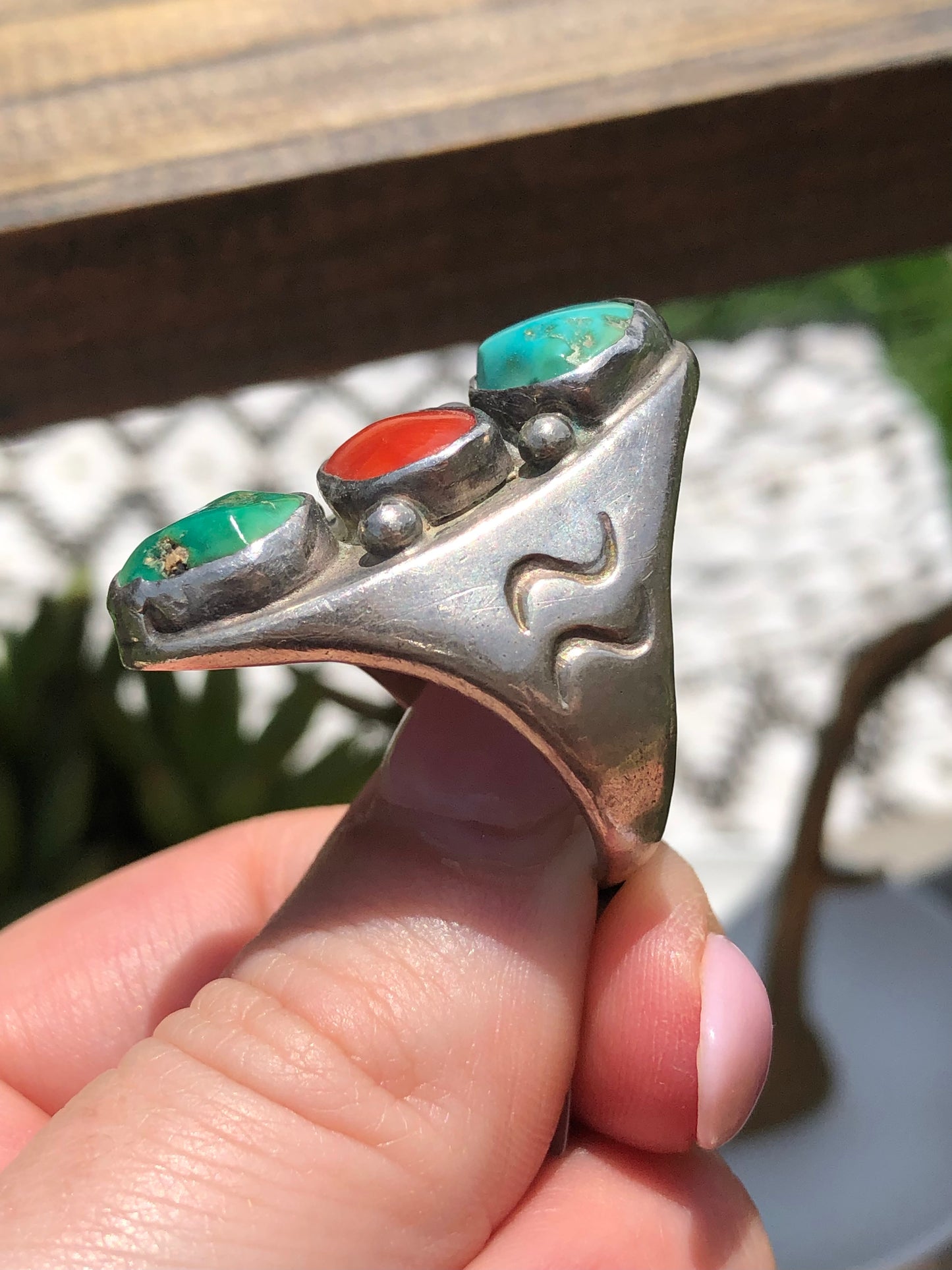 Sterling Coral and Turquoise Ring