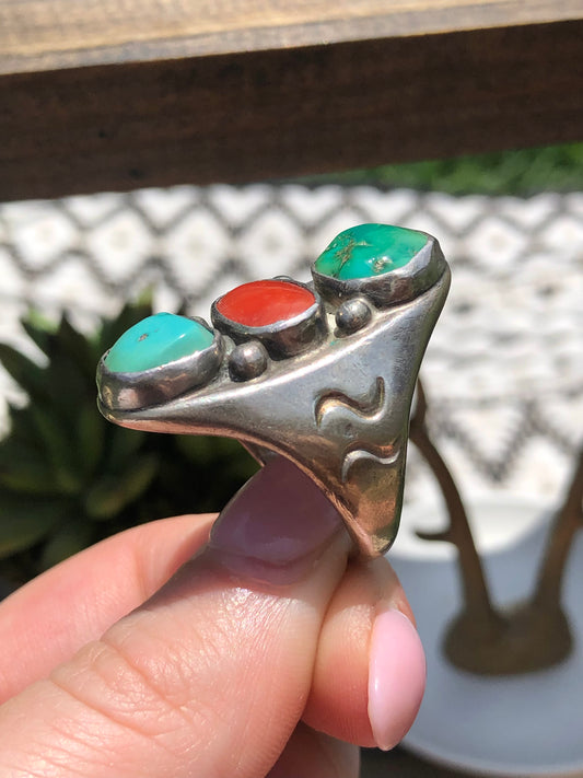 Sterling Coral and Turquoise Ring
