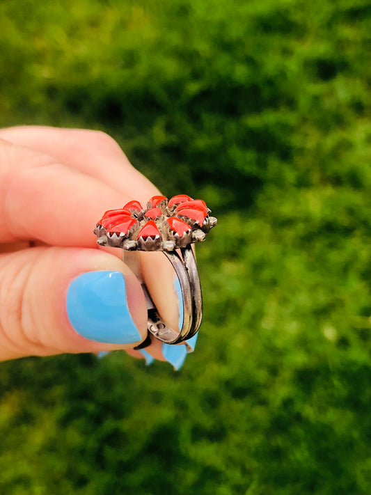 Vintage Sterling Silver Coral Zuni Flower Ring