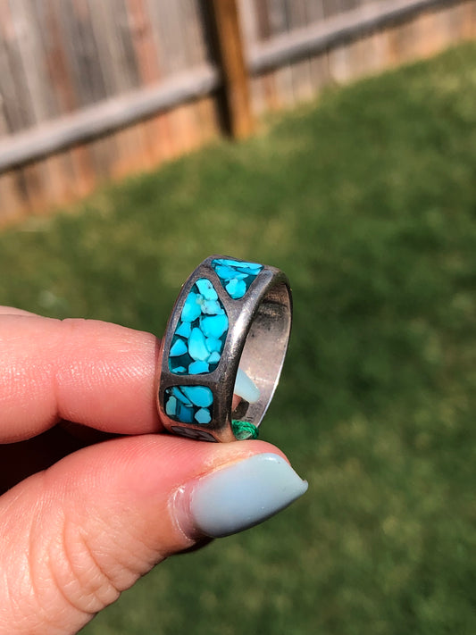 Vintage Sterling Silver Turquoise Chip Inlay Eternity Ring