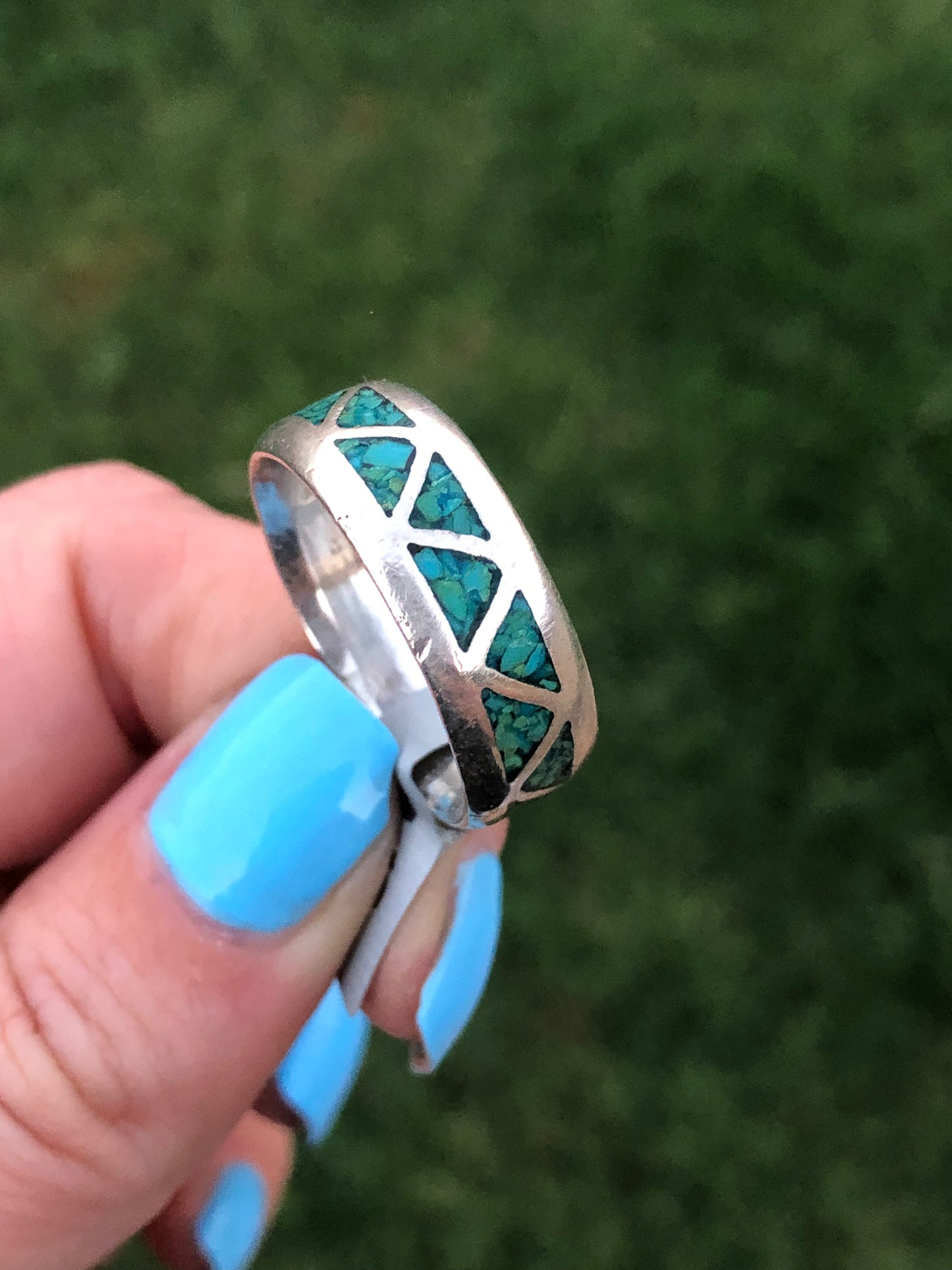 Vintage Sterling Silver Green Turquoise Chip Inlay Ring