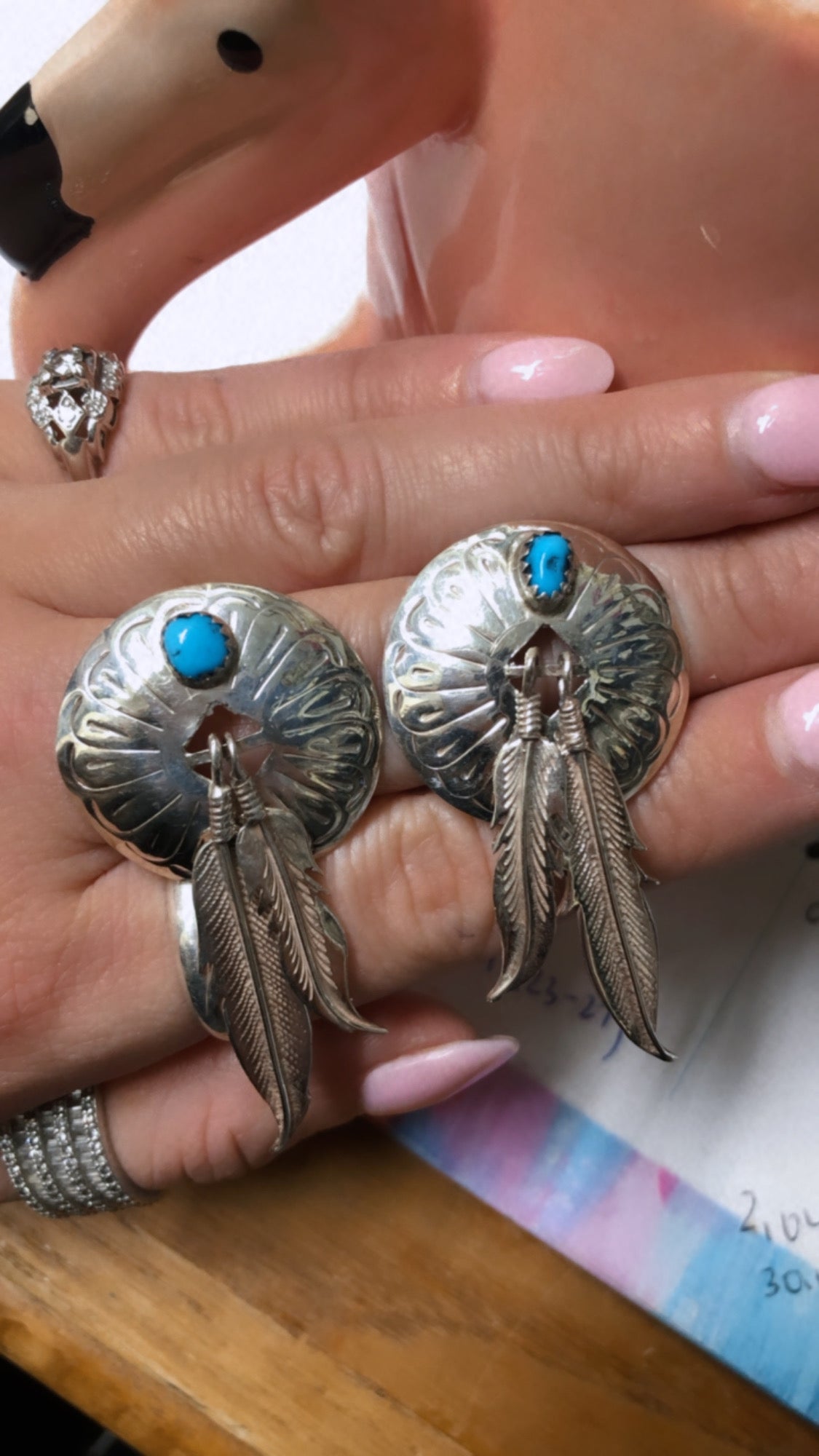 Feather and Turquoise Vintage Sterling Earrings