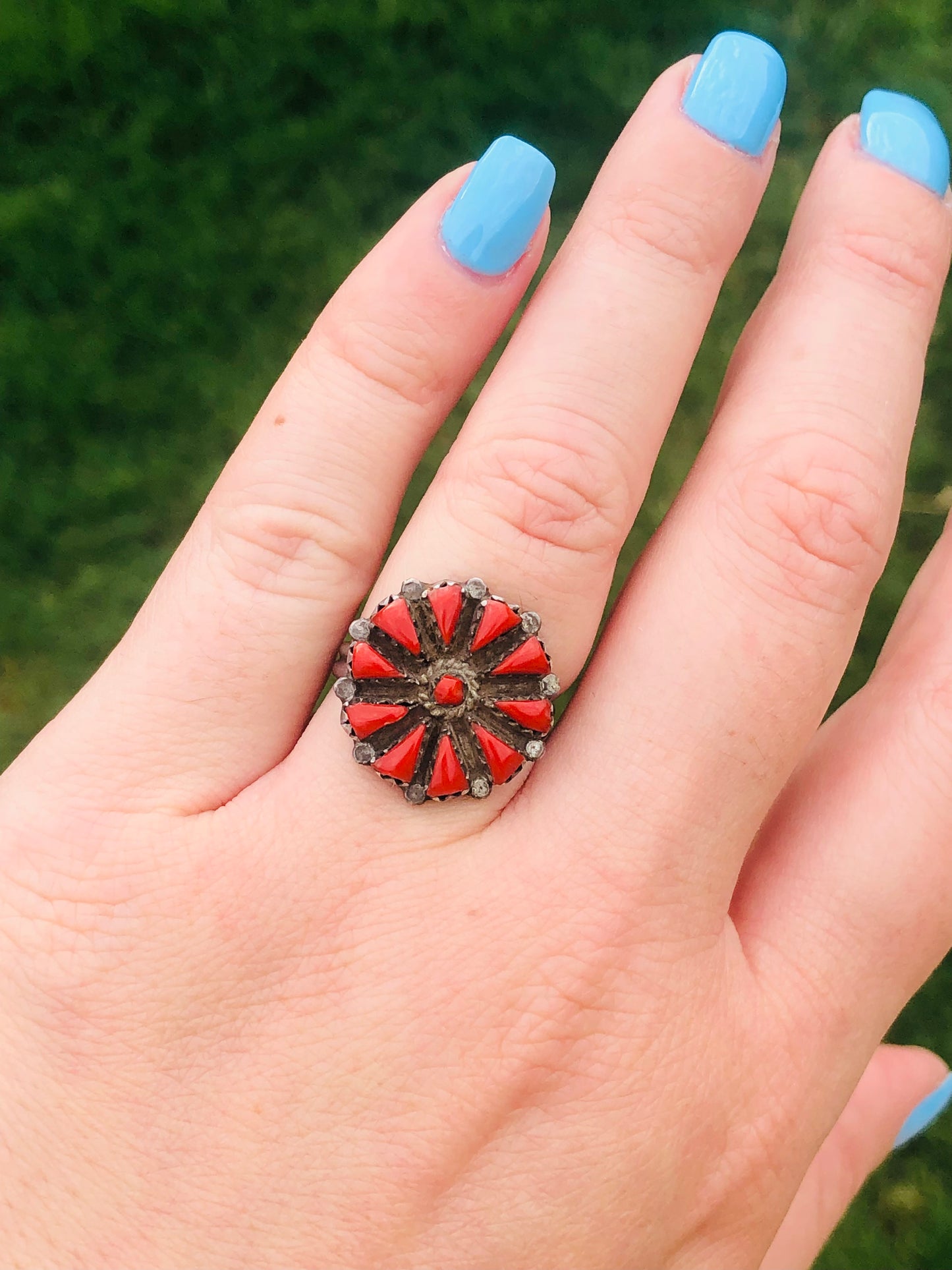 Vintage Sterling Silver Coral Zuni Flower Ring