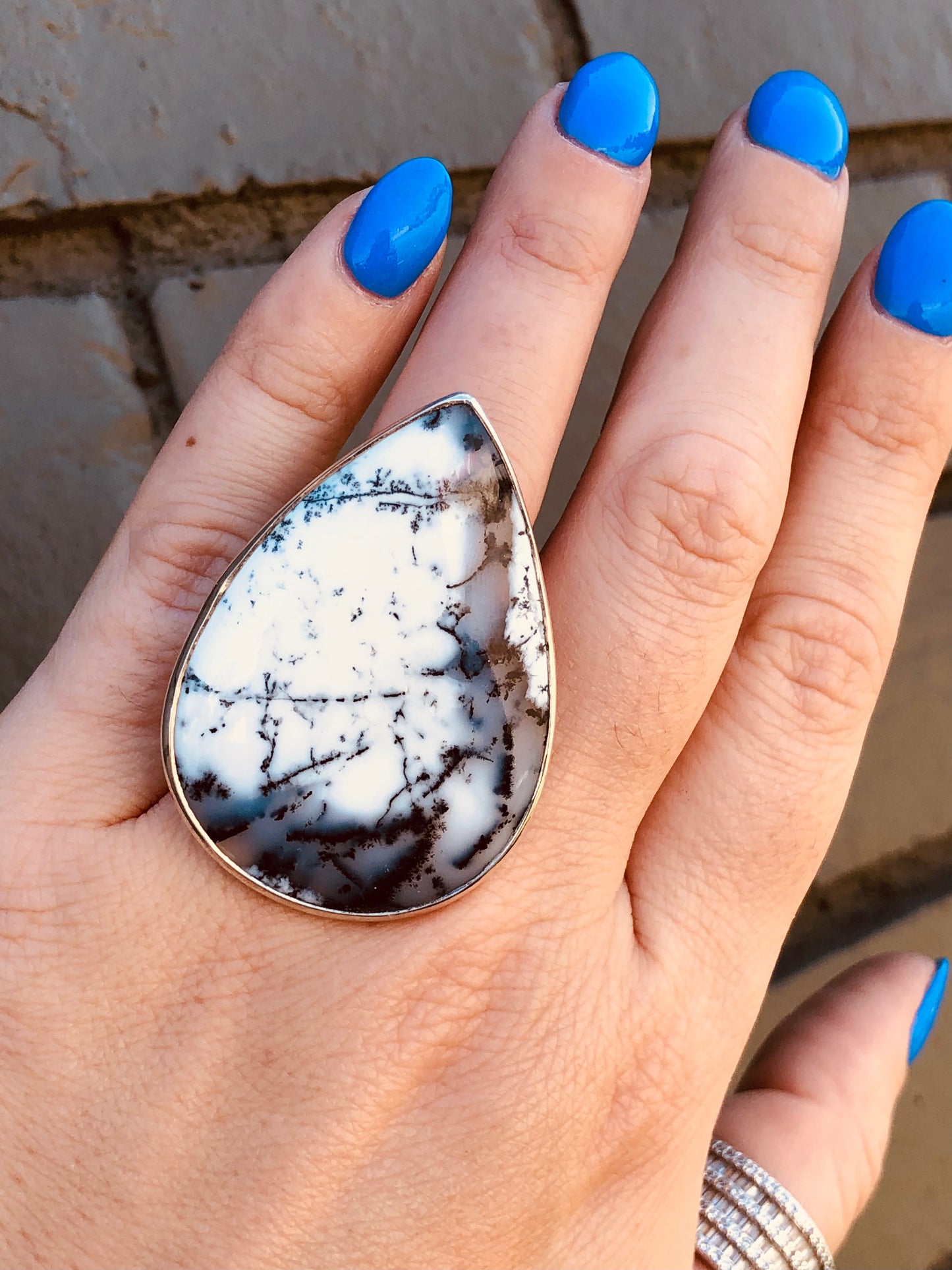 New Sterling Extra Large Dreamy Agate Adjustable Ring