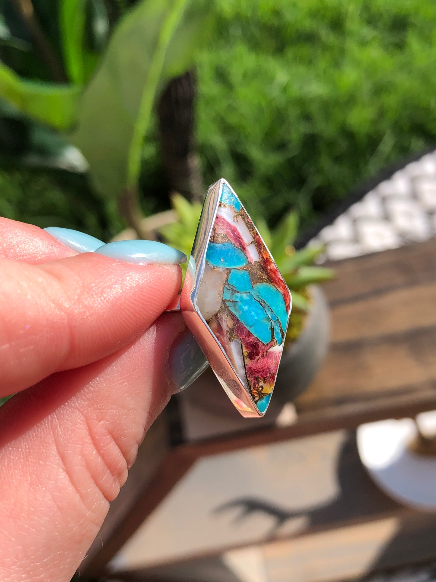 Red Spiny Oyster Turquoise Adjustable Ring