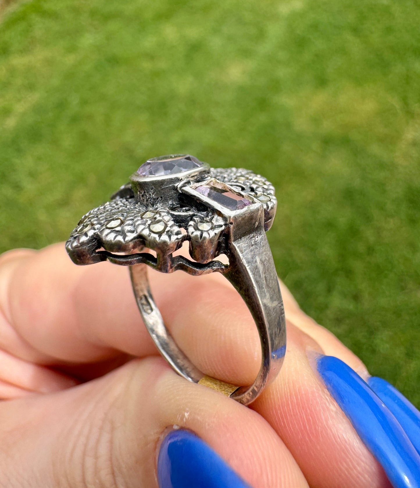 Vintage Sterling Silver Amethyst and Marcasite Ring