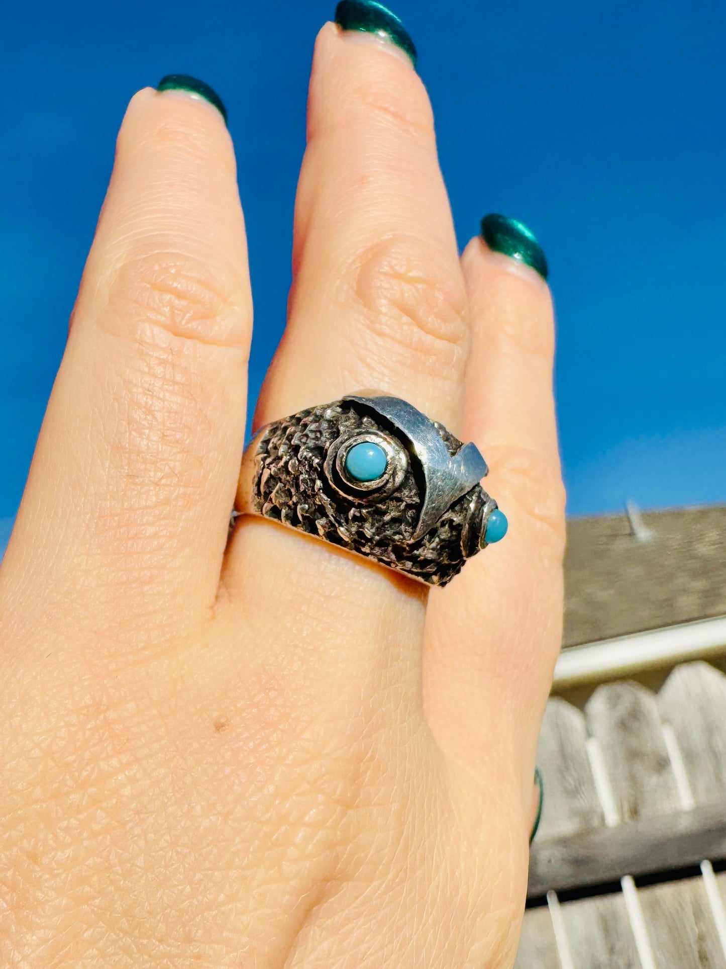 Vintage Sterling Silver Owl Turquoise Ring