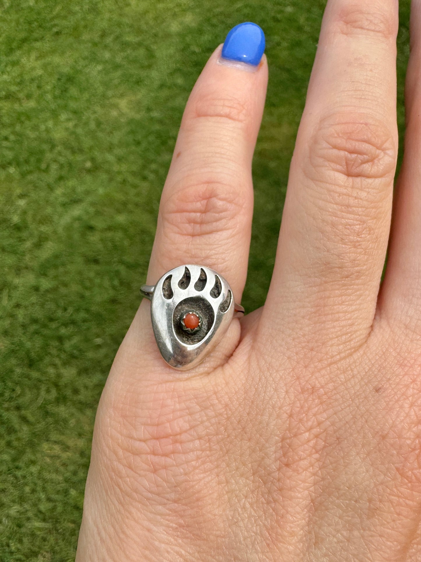 Vintage Navajo Sterling Coral Bear Claw Ring