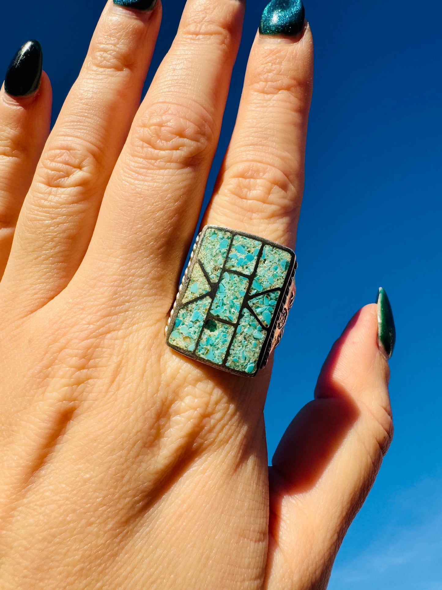 Vintage Sterling Silver Chip Turquoise Ring