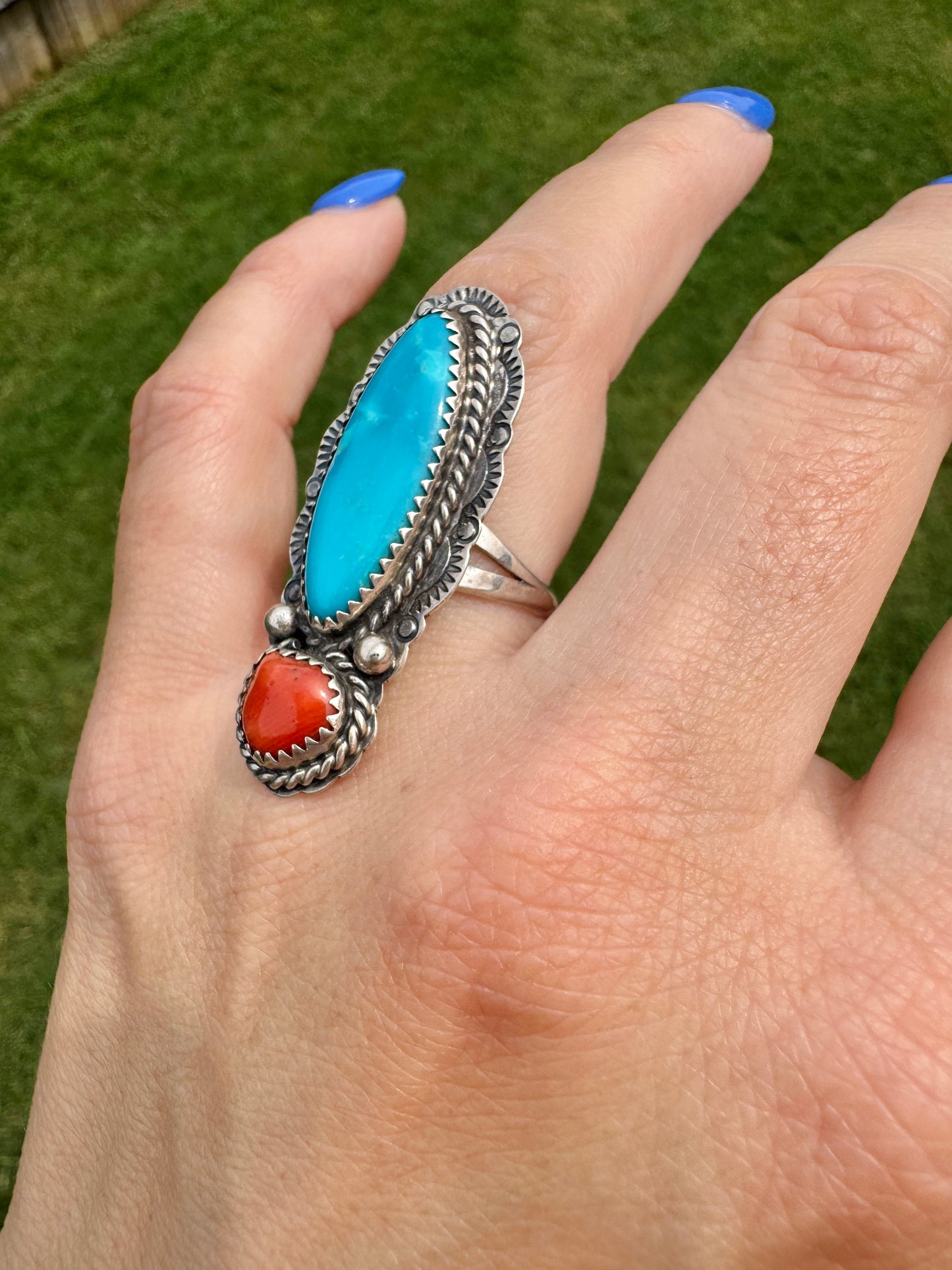 Vintage Sterling Silver Turquoise and Coral Signed Ring