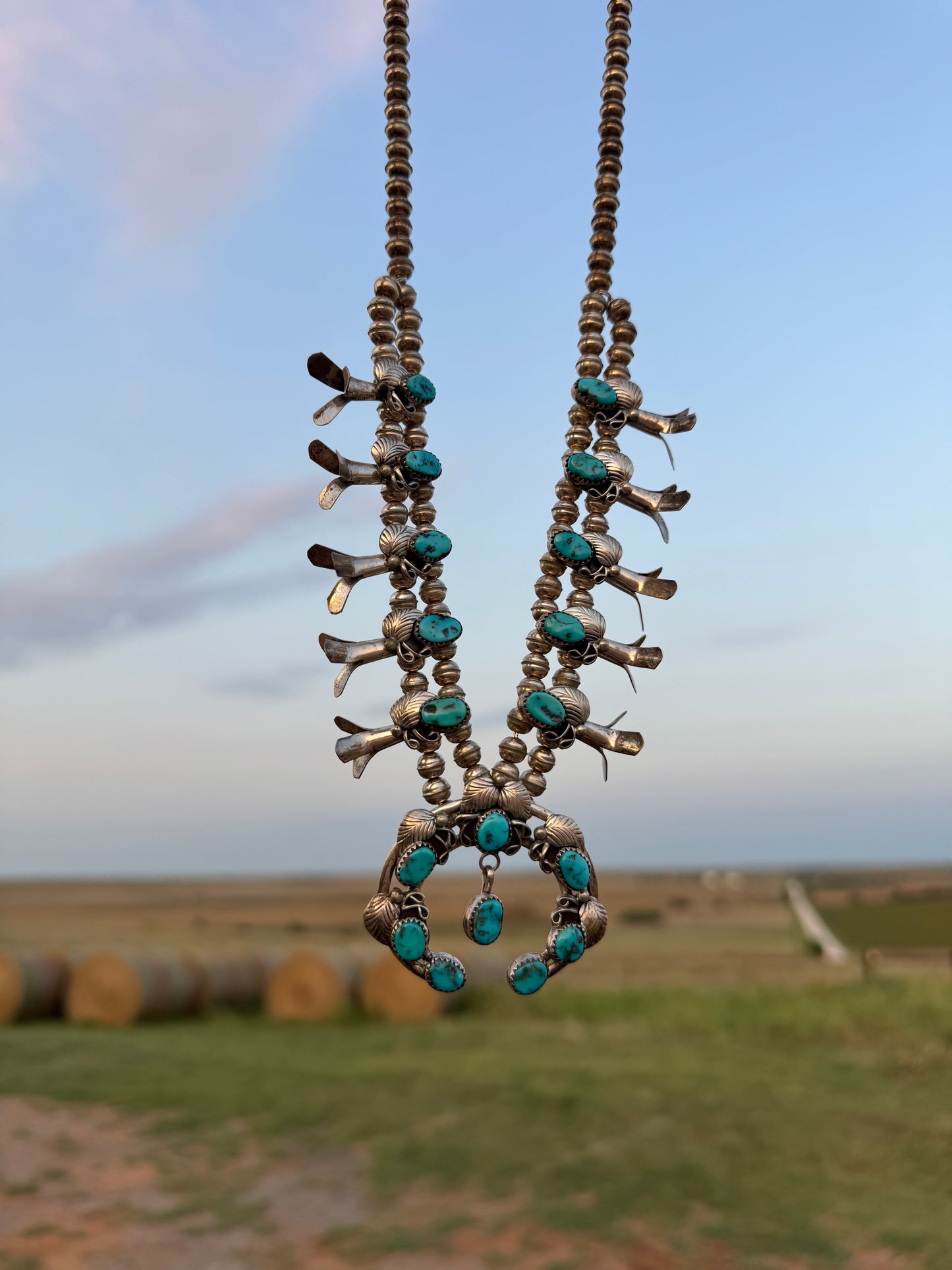 Vintage Sterling Native Turquoise Squash Blossom Necklace