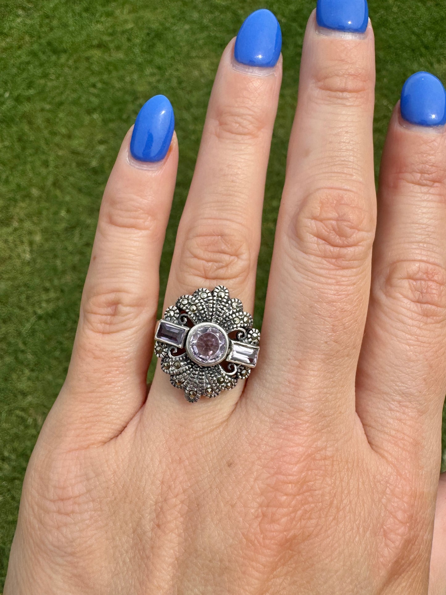 Vintage Sterling Silver Amethyst and Marcasite Ring