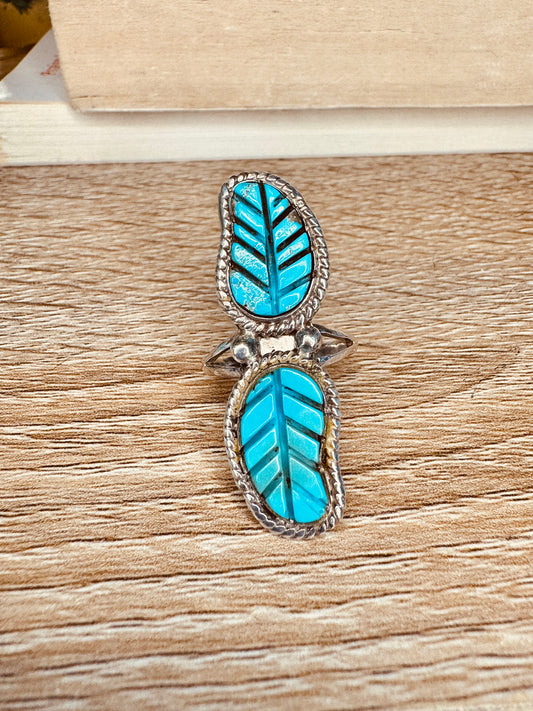 Vintage Native American Handmade Sterling Silver Leaf Feather Turquoise Ring