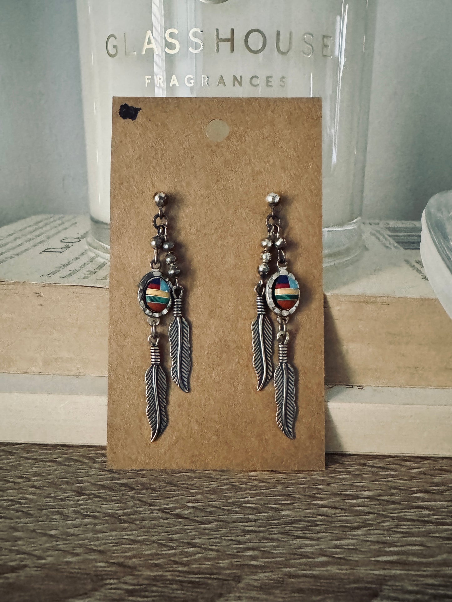Sterling Signed Multi-Stone Feather Earrings