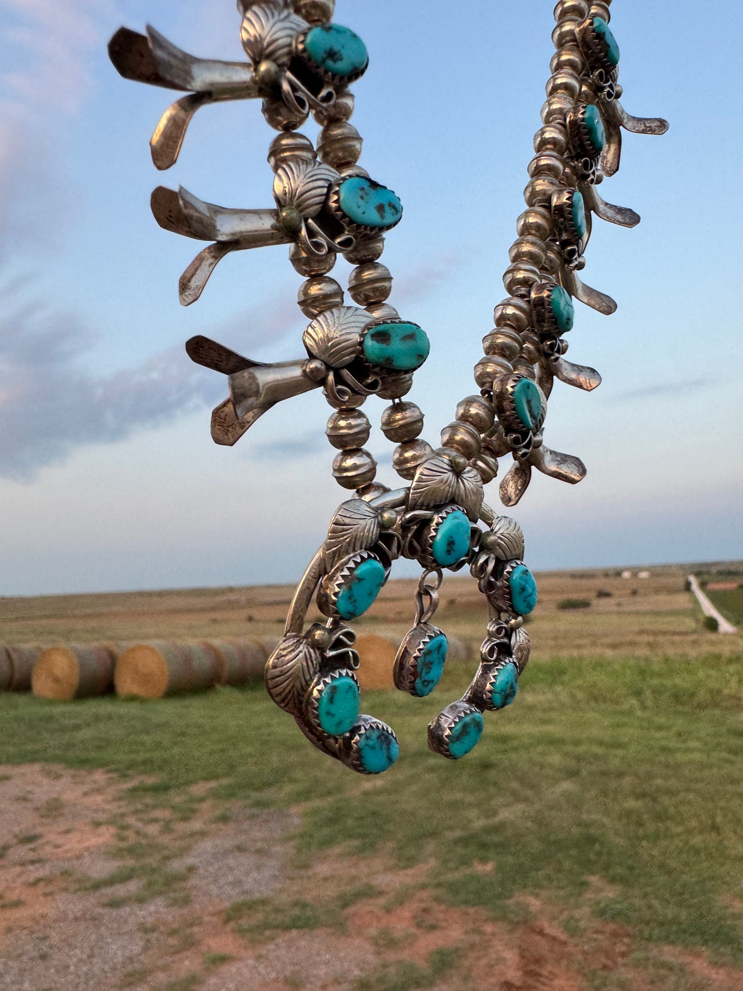 Vintage Sterling Native Turquoise Squash Blossom Necklace