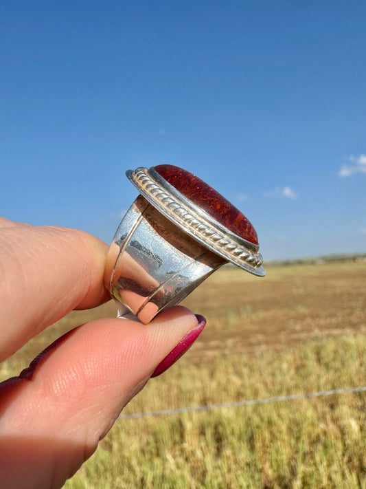 Large Sterling Silver Oval Amber Ring