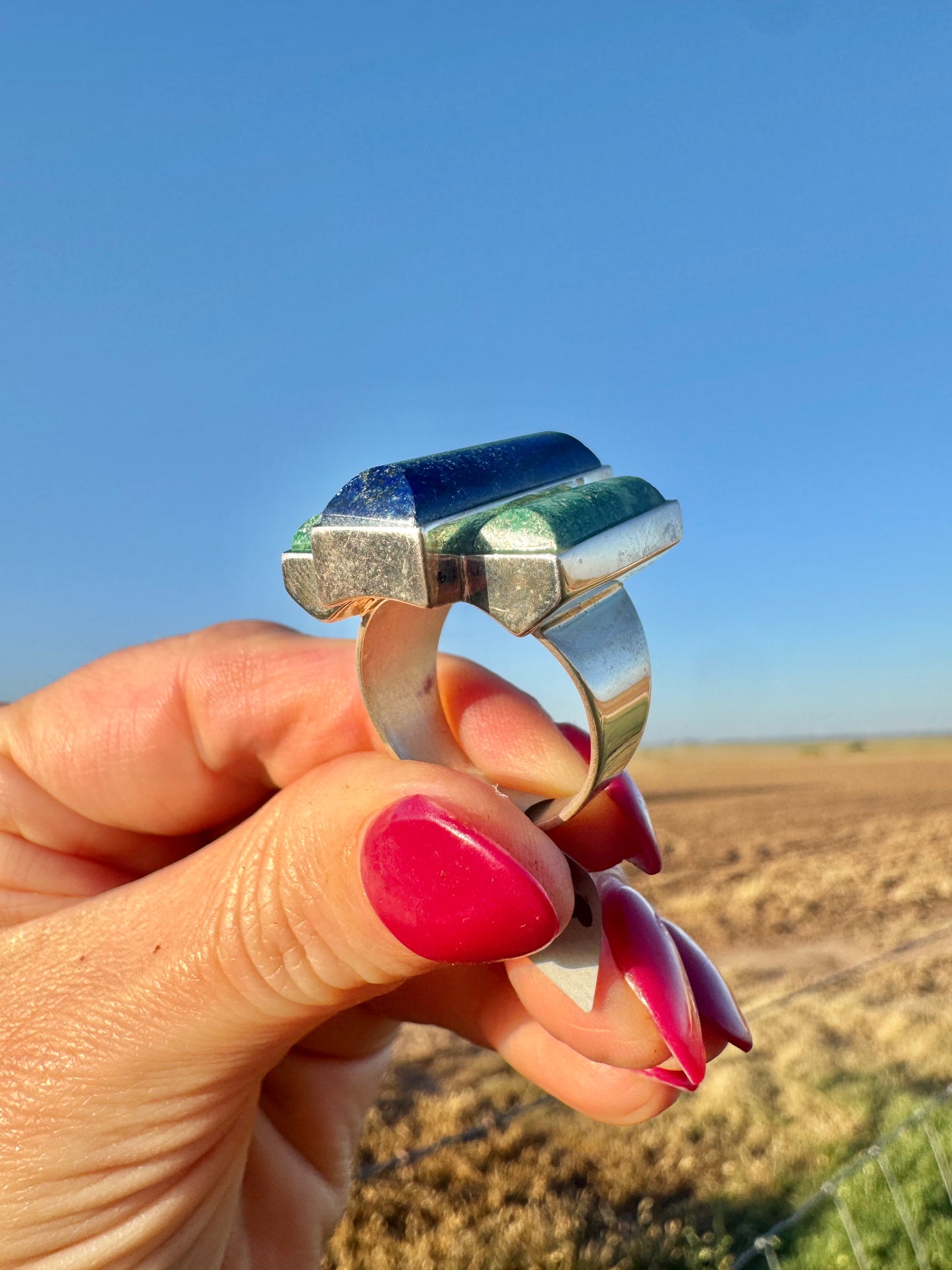 Large Sterling Blue Lapis and Turquoise Ring
