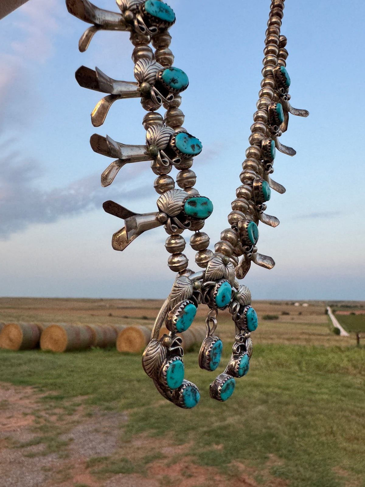 Vintage Sterling Native Turquoise Squash Blossom Necklace