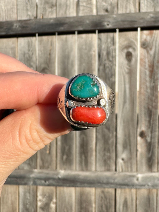 Native American Sterling Silver Coral and Turquoise Ring