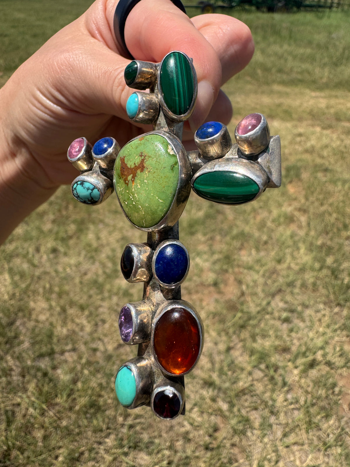 Large Sterling Multi-Stone Cross signed by artist Pendant Enhancer