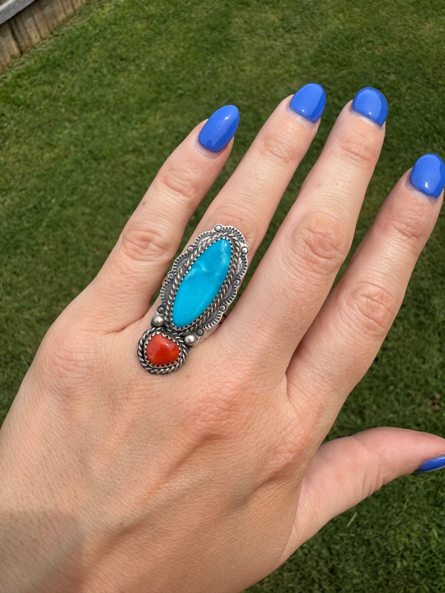 Vintage Sterling Silver Turquoise and Coral Signed Ring