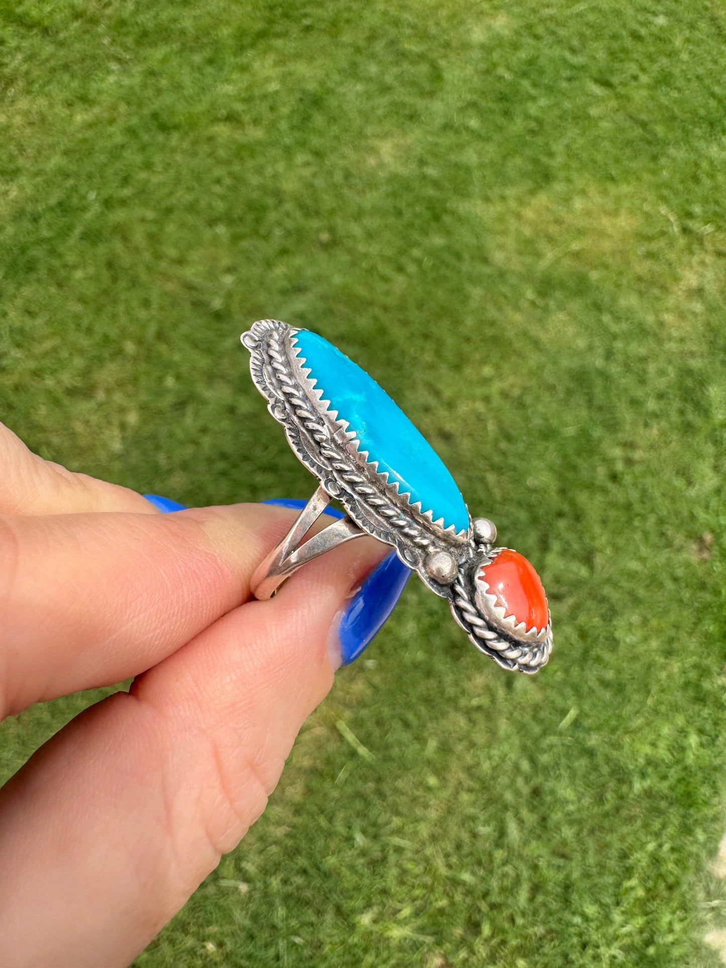 Vintage Sterling Silver Turquoise and Coral Signed Ring