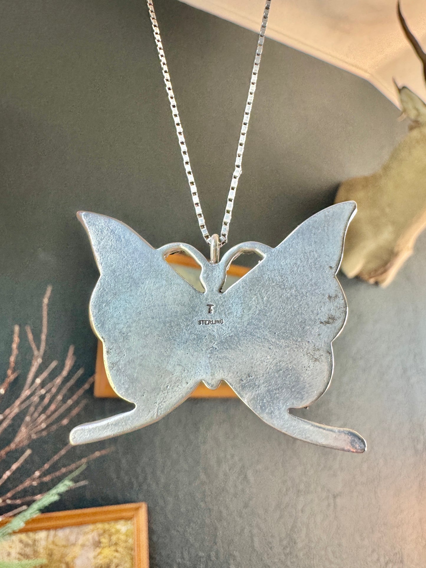 Sterling Silver Turquoise and Coral Signed Butterfly Necklace