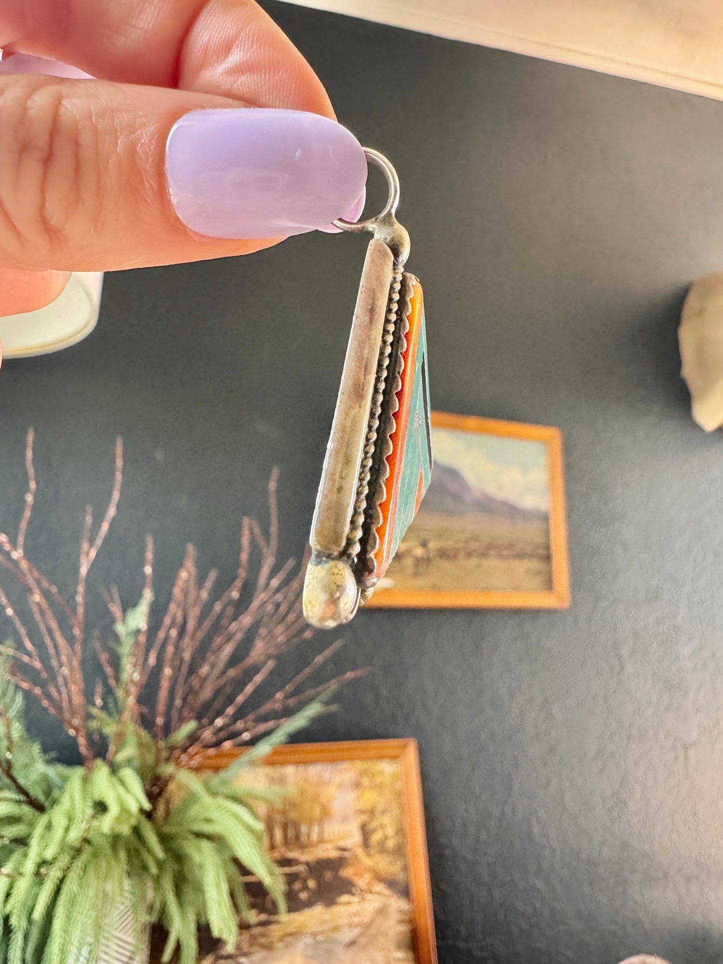 Vintage Native Sterling Turquoise and Spiny Oyster Signed Pendant