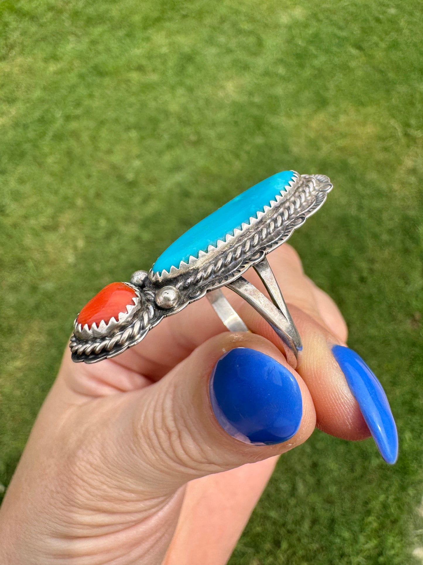 Vintage Sterling Silver Turquoise and Coral Signed Ring