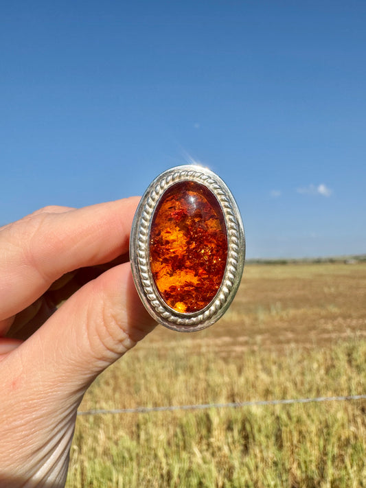 Large Sterling Silver Oval Amber Ring