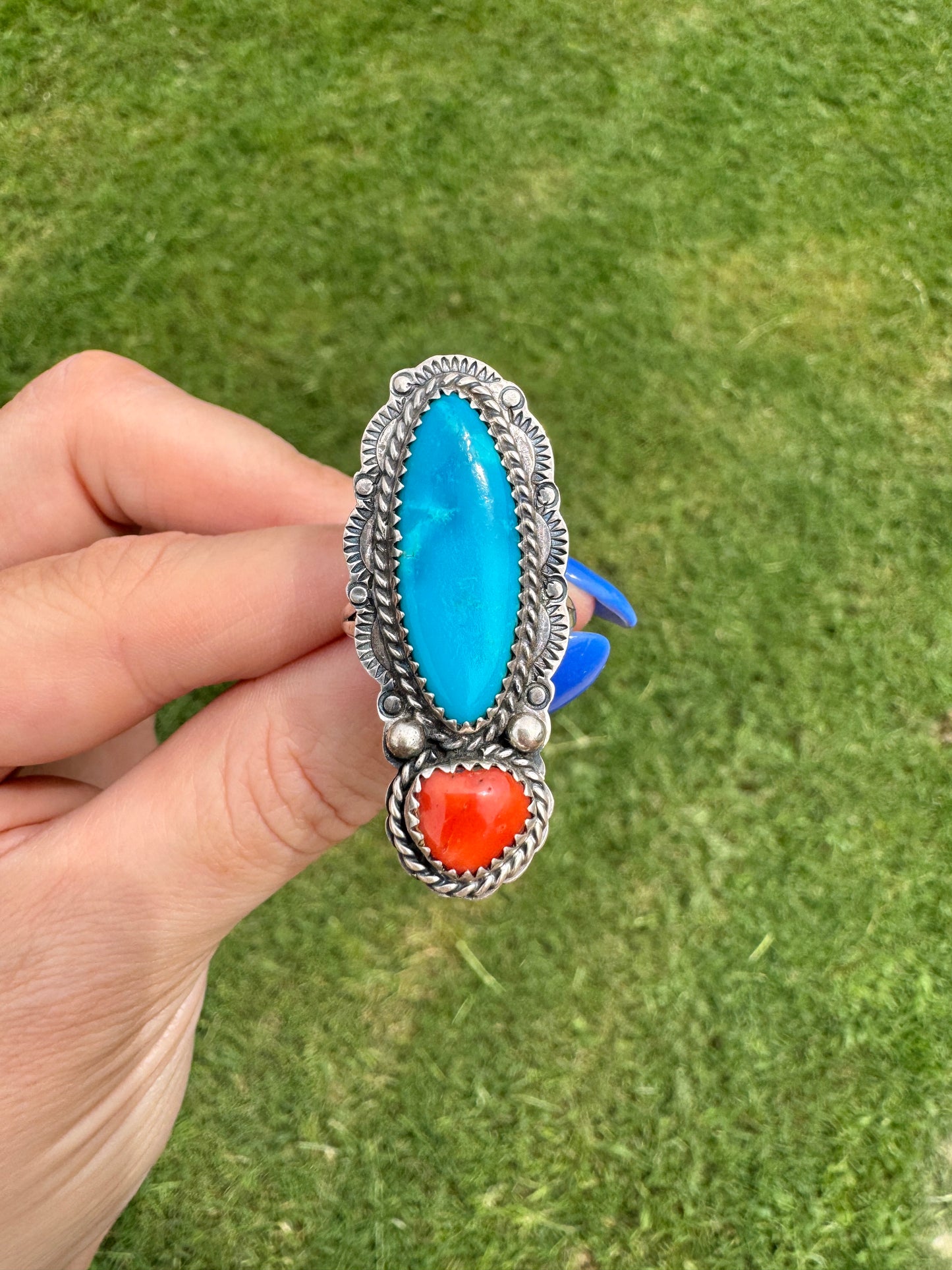 Vintage Sterling Silver Turquoise and Coral Signed Ring