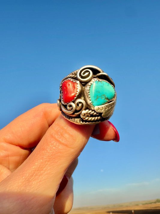 Old Pawn Vintage Mans Sterling Coral and Turquoise Ring