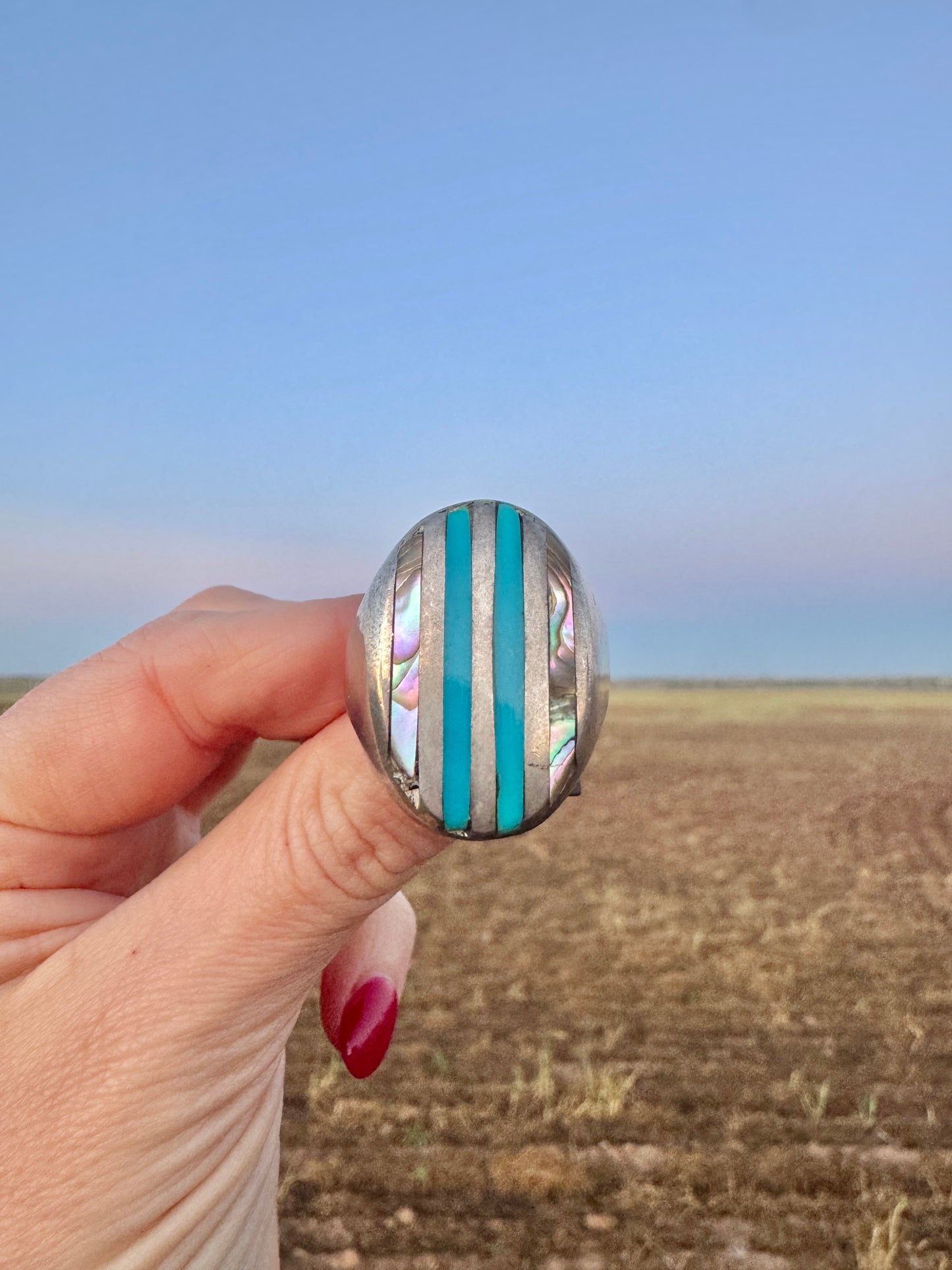 Large Vintage Sterling Abalone and Turquoise Ring