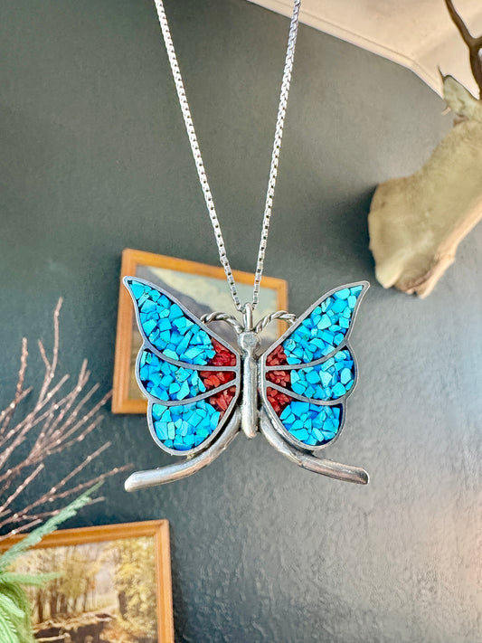 Sterling Silver Turquoise and Coral Signed Butterfly Necklace