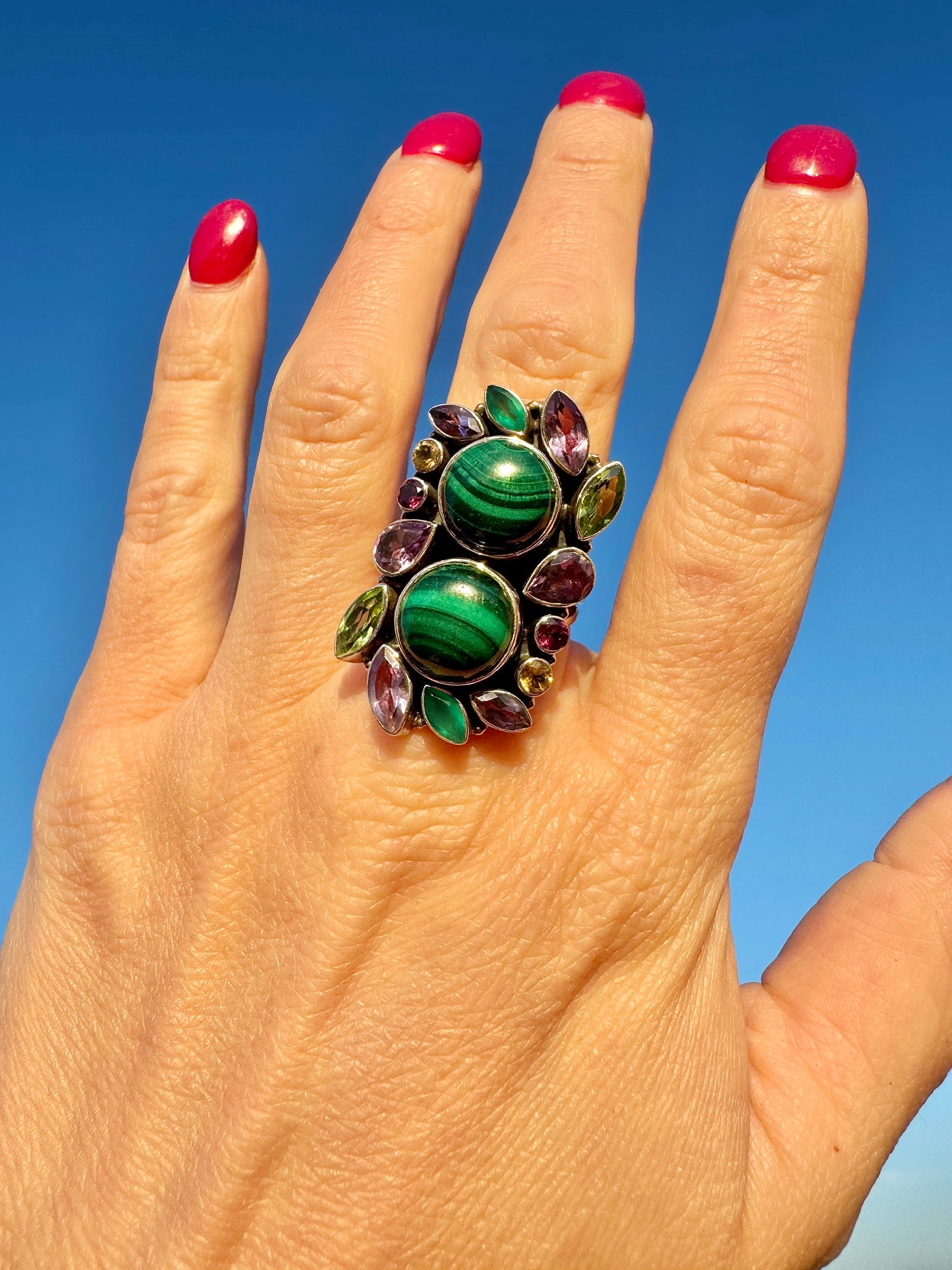 Sterling Silver Malachite and Gemstone Ring