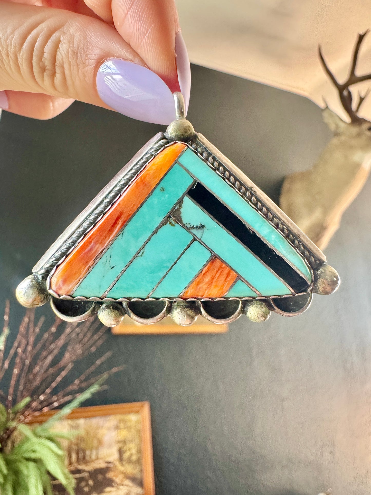 Vintage Native Sterling Turquoise and Spiny Oyster Signed Pendant