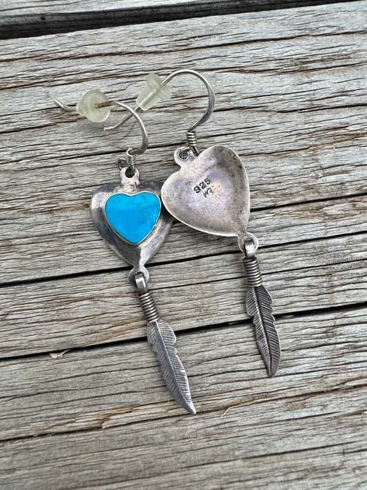 Vintage Sterling Silver Turquoise Heart Feather Earrings
