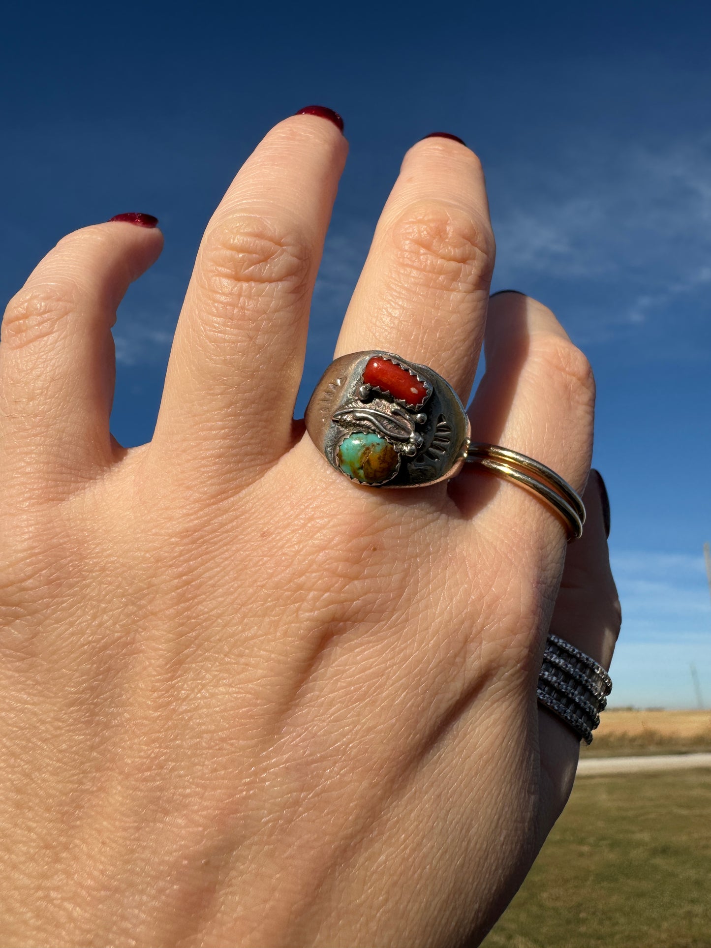 Vintage Sterling Turquoise and Coral Ring