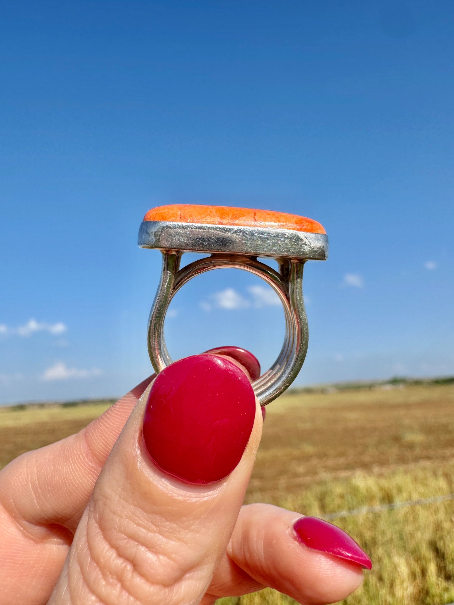 Sterling Silver Orange Spiny Oyster Bar Ring