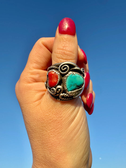 Old Pawn Vintage Mans Sterling Coral and Turquoise Ring