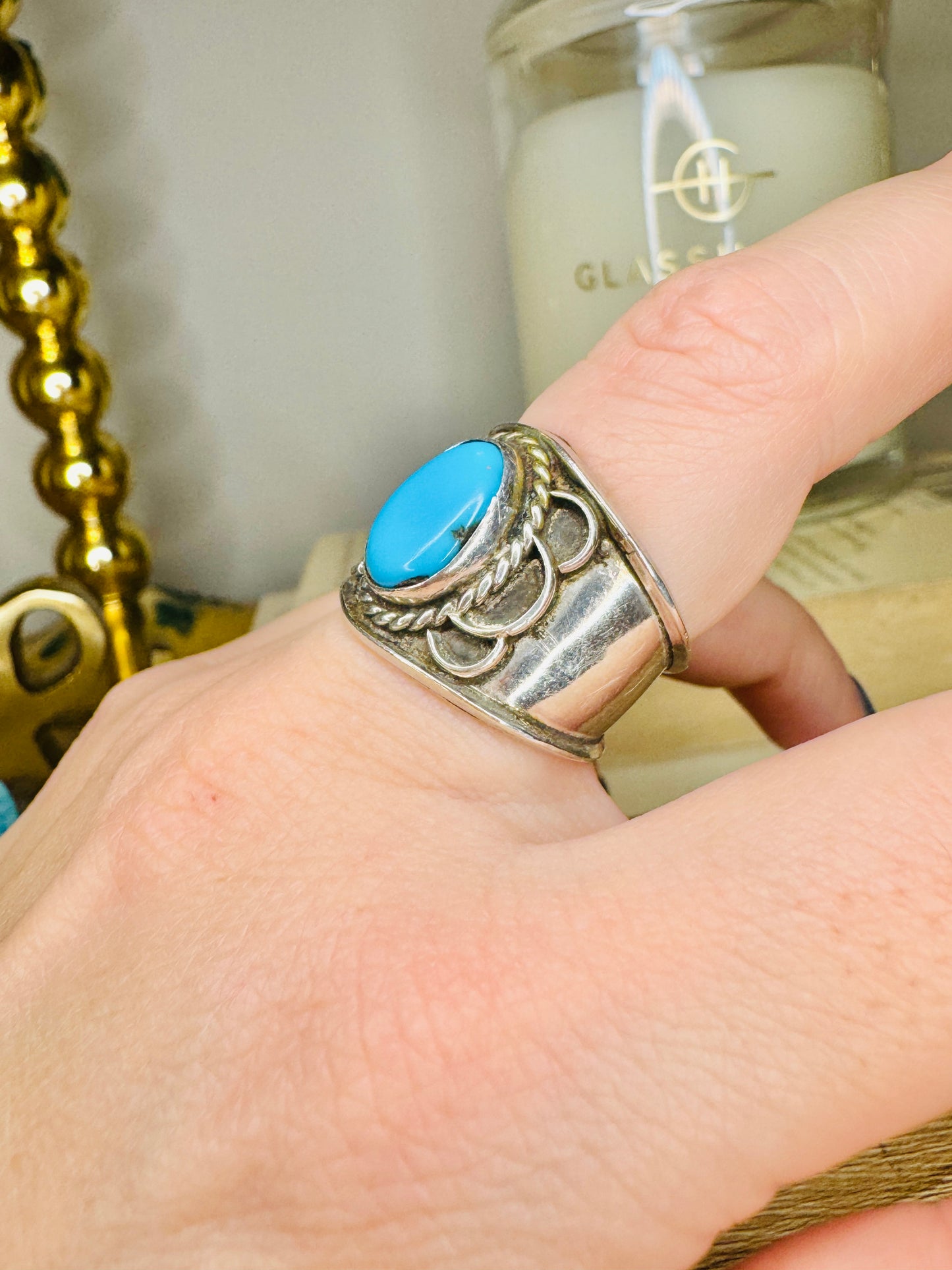 Vintage Sterling Silver Wide Turquoise Band Ring
