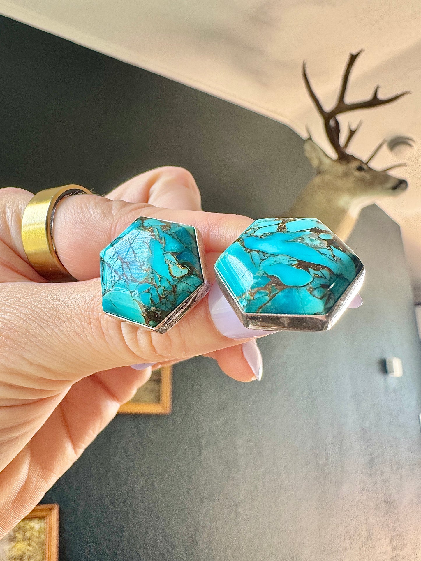 Sterling Turquoise Hexagon Stud Earrings