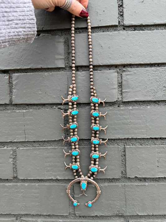Authentic Sterling Silver Vintage Navajo Pearl Turquoise Squash Blossom Necklace