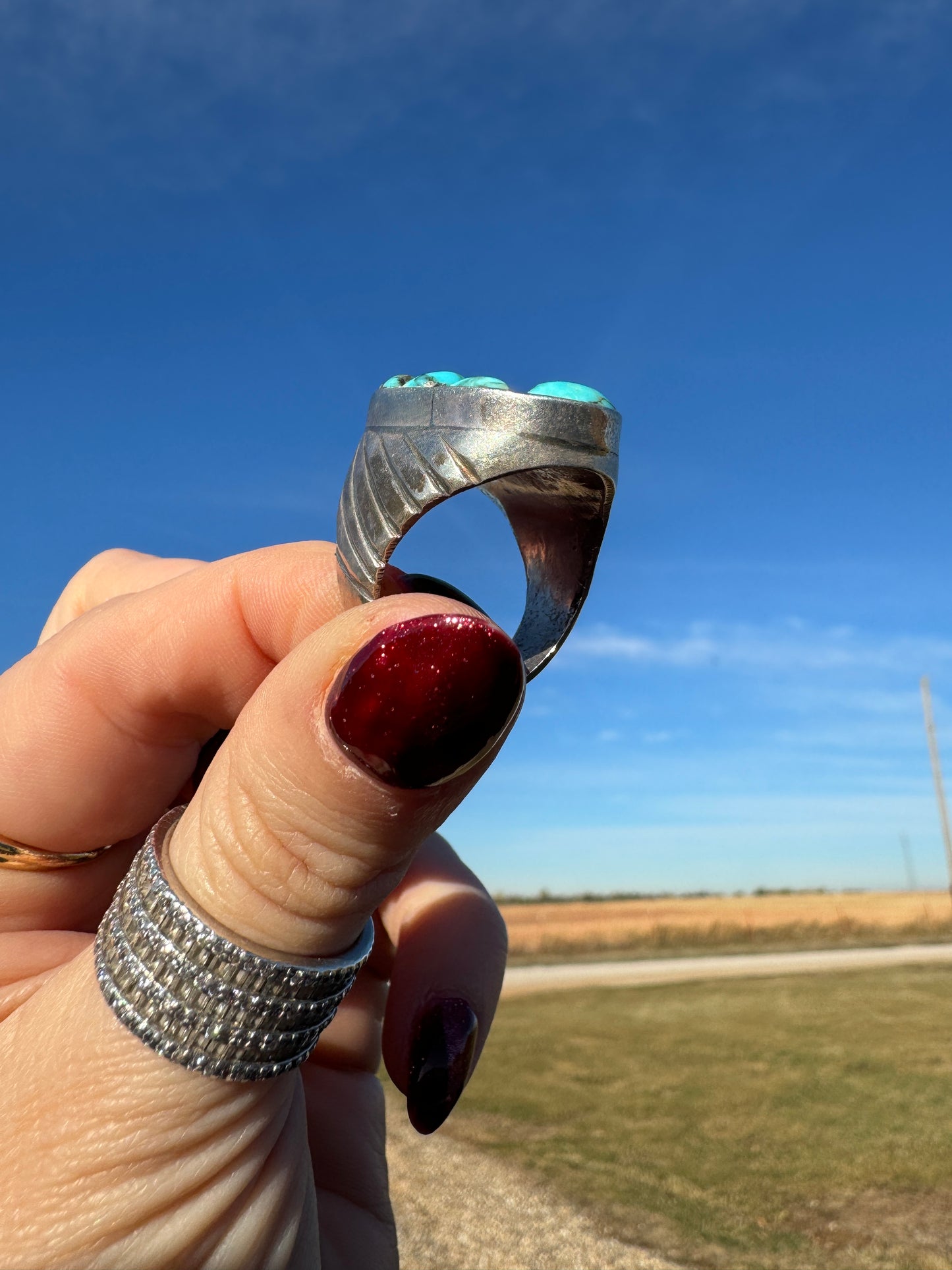Large Vintage Sterling Turquoise Ring signed by artist