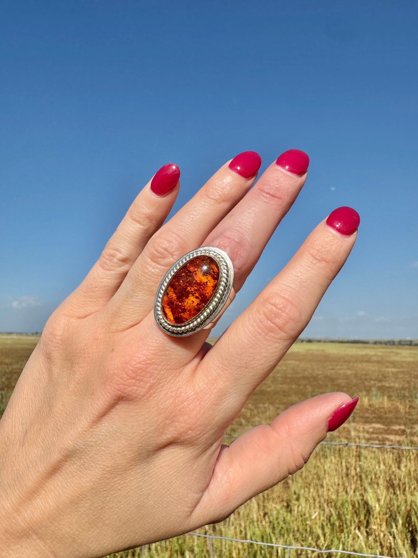 Large Sterling Silver Oval Amber Ring