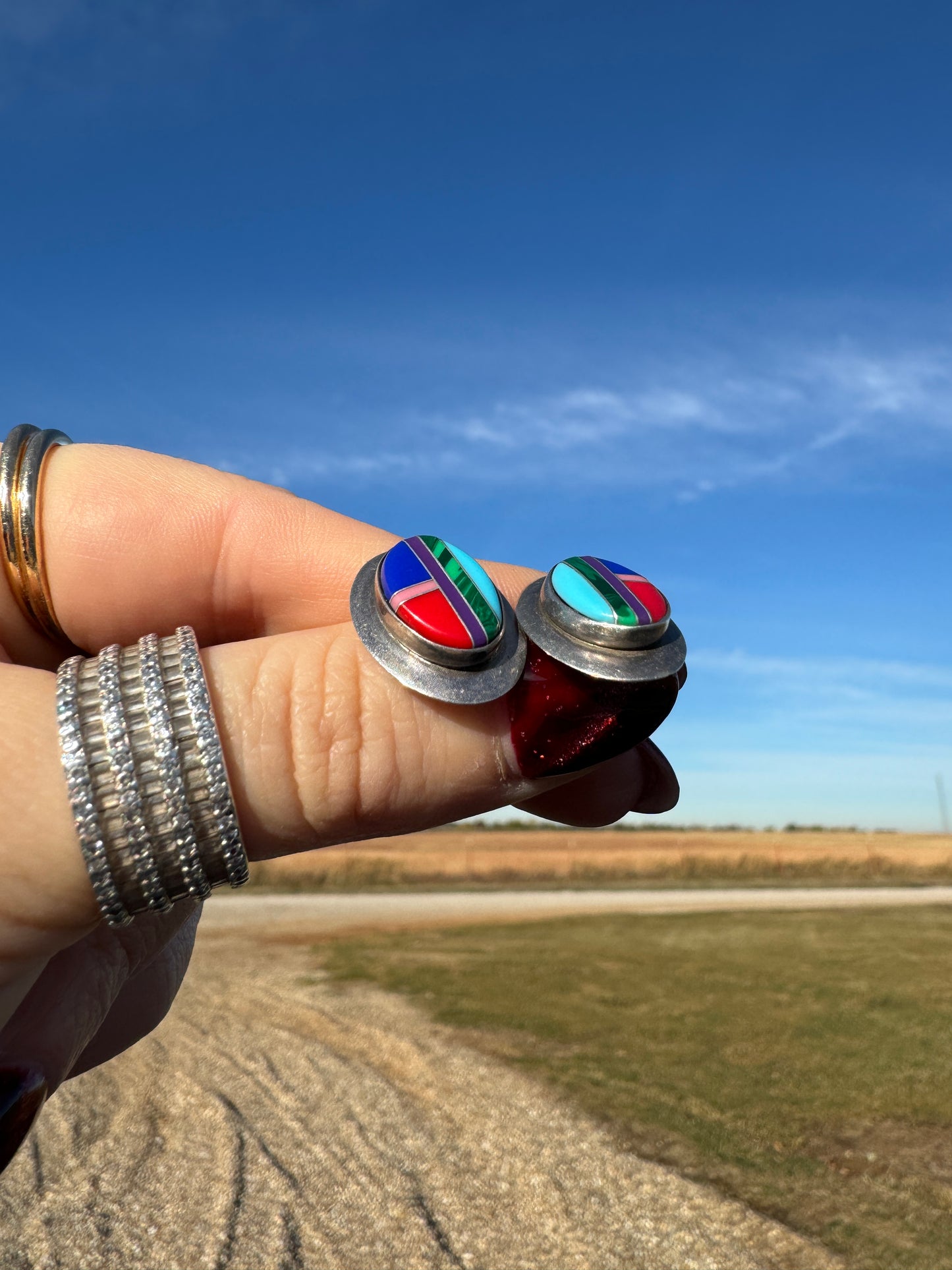 Vintage Native Sterling Multi-Stone Inlay Stud Earrings