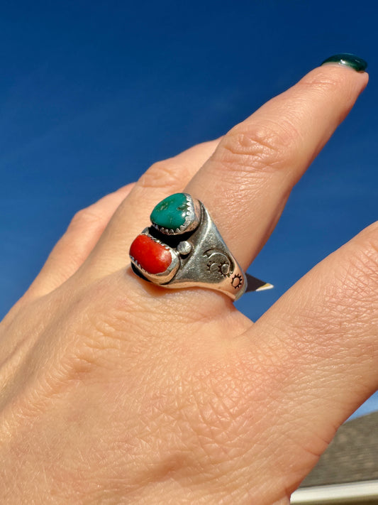Native American Sterling Silver Coral and Turquoise Ring