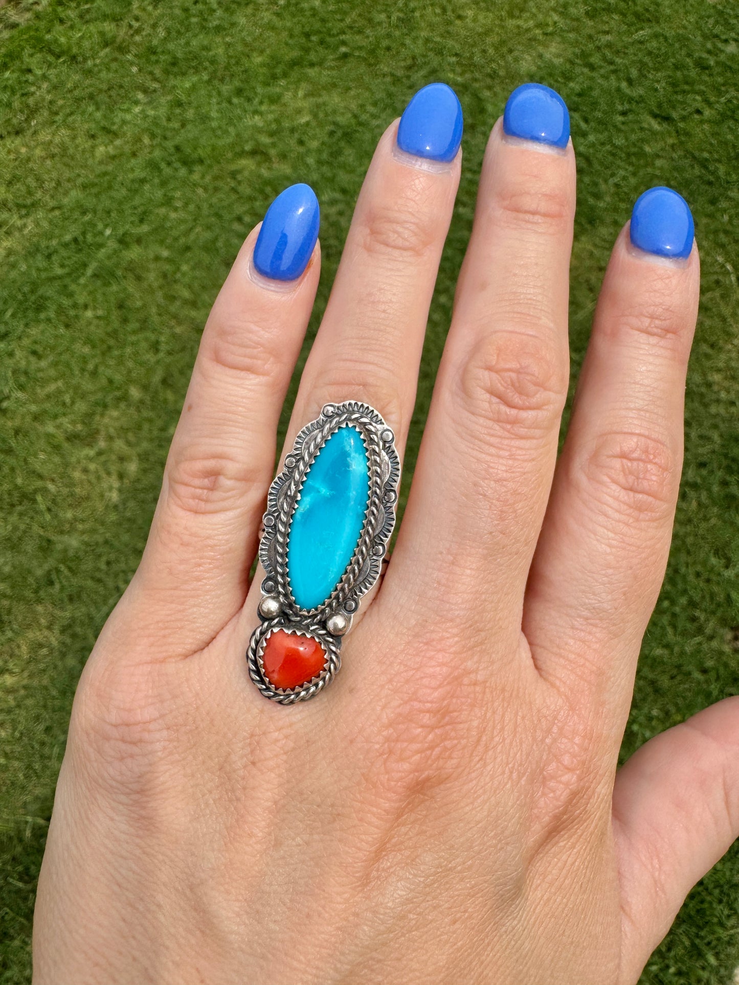 Vintage Sterling Silver Turquoise and Coral Signed Ring