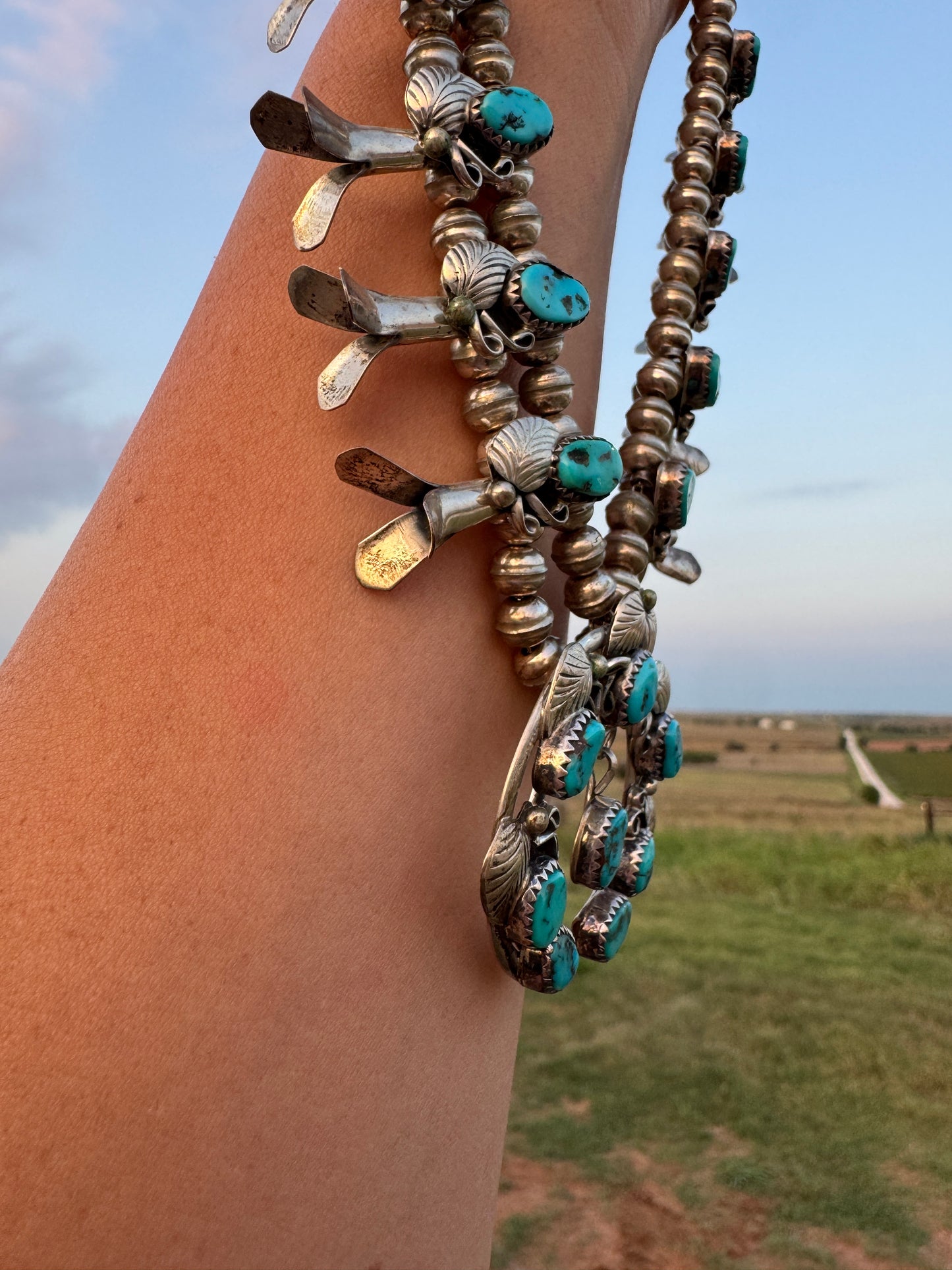 Vintage Sterling Native Turquoise Squash Blossom Necklace